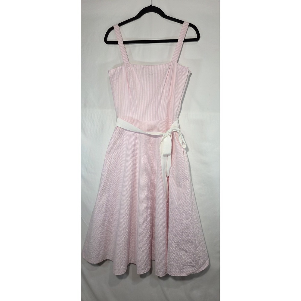 Lauren Ralph Lauren Seersucker Dress Womens 8 Pink White Excellent Midi Belted